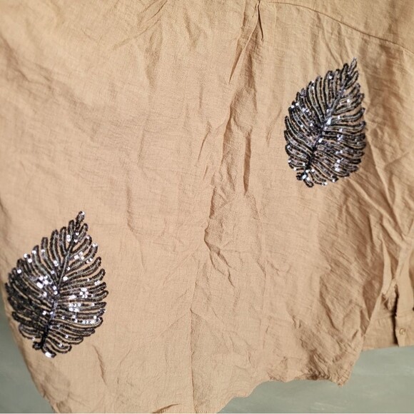 Mia Noura Sequin Leaves Embroidered Button Down Blouse Oversize Made in Turkey - Picture 5 of 9